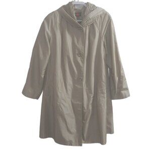 GALLERY WOMAN tan mid length lined coat women's size 2XL HOOD DISCOLORED